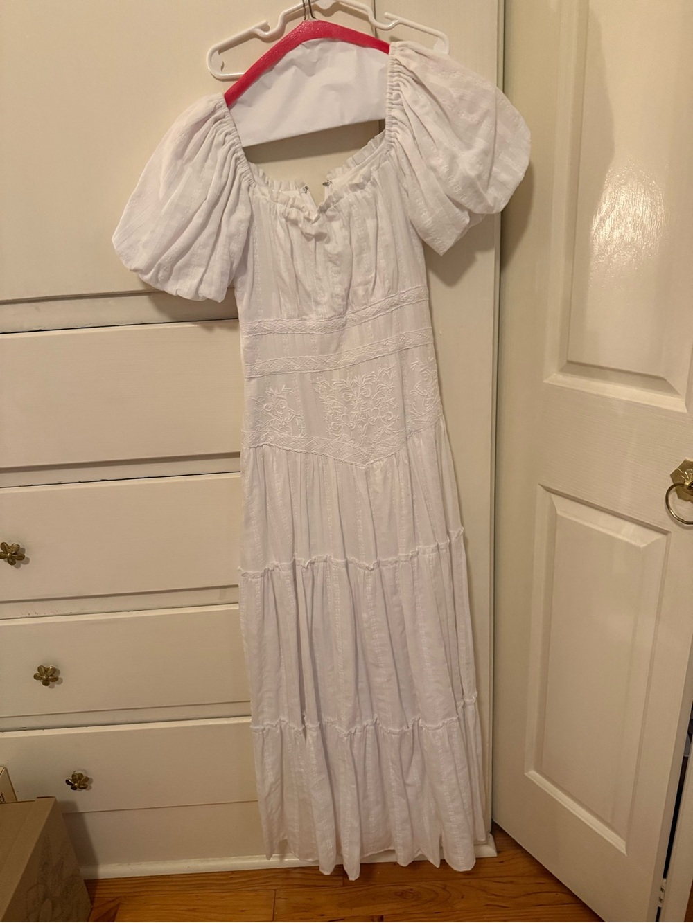 Altar'd State White Puff-Sleeve Maxi Dress with Embroidered Panels